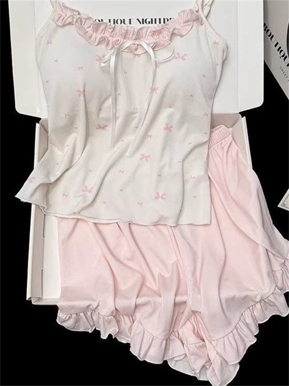 Coquette Bow Ribbon Ribbed Camisole & Ruffle Shorts Loungewear Set – Soft Knit Sleepwear (Pastel Pink & Lavender Purple)
