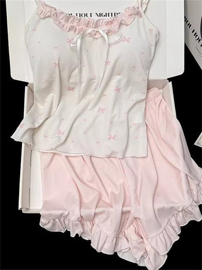 Coquette Bow Ribbon Ribbed Camisole & Ruffle Shorts Loungewear Set – Soft Knit Sleepwear (Pastel Pink & Lavender Purple)