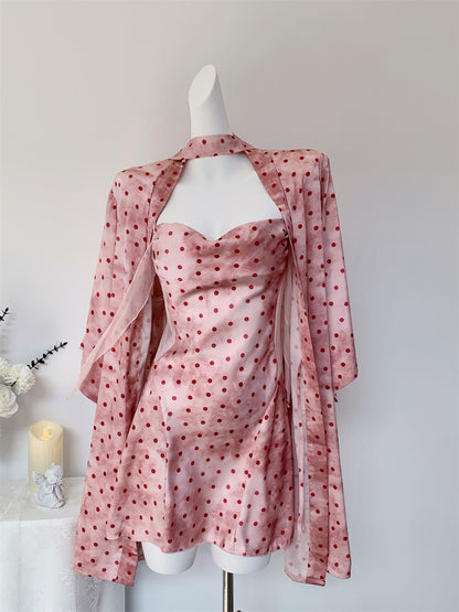Juicy Peach Pink Romantic Vintage Polka Dot Satin Loungewear Collection – Slip Dress, Cami & Shorts 2-Piece Set, & Matching Robe 3-Piece Set