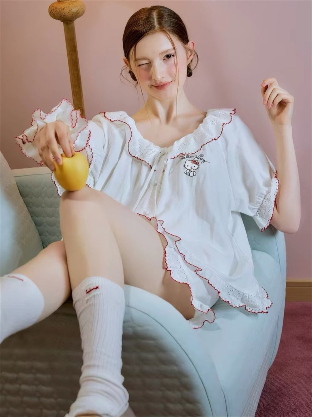 Hello Kitty French Coquette 100% Cotton Eyelet Lace Sleepwear Collection – Short Sleeve Shorts Set & Nightdress