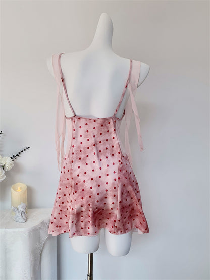 Juicy Peach Pink Romantic Vintage Polka Dot Satin Loungewear Collection – Slip Dress, Cami & Shorts 2-Piece Set, & Matching Robe 3-Piece Set
