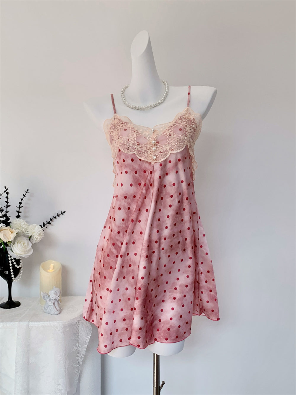 Juicy Peach Pink Romantic Vintage Polka Dot Satin Loungewear Collection – Slip Dress, Cami & Shorts 2-Piece Set, & Matching Robe 3-Piece Set