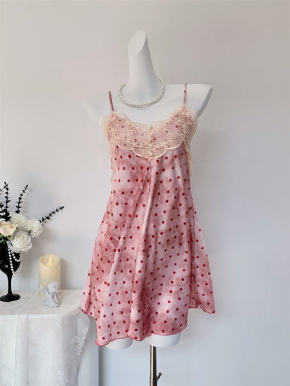Juicy Peach Pink Romantic Vintage Polka Dot Satin Loungewear Collection – Slip Dress, Cami & Shorts 2-Piece Set, & Matching Robe 3-Piece Set