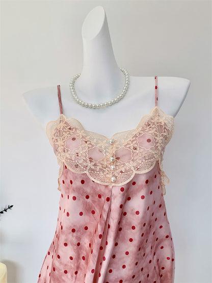 Juicy Peach Pink Romantic Vintage Polka Dot Satin Loungewear Collection – Slip Dress, Cami & Shorts 2-Piece Set, & Matching Robe 3-Piece Set