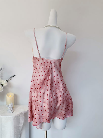Juicy Peach Pink Romantic Vintage Polka Dot Satin Loungewear Collection – Slip Dress, Cami & Shorts 2-Piece Set, & Matching Robe 3-Piece Set
