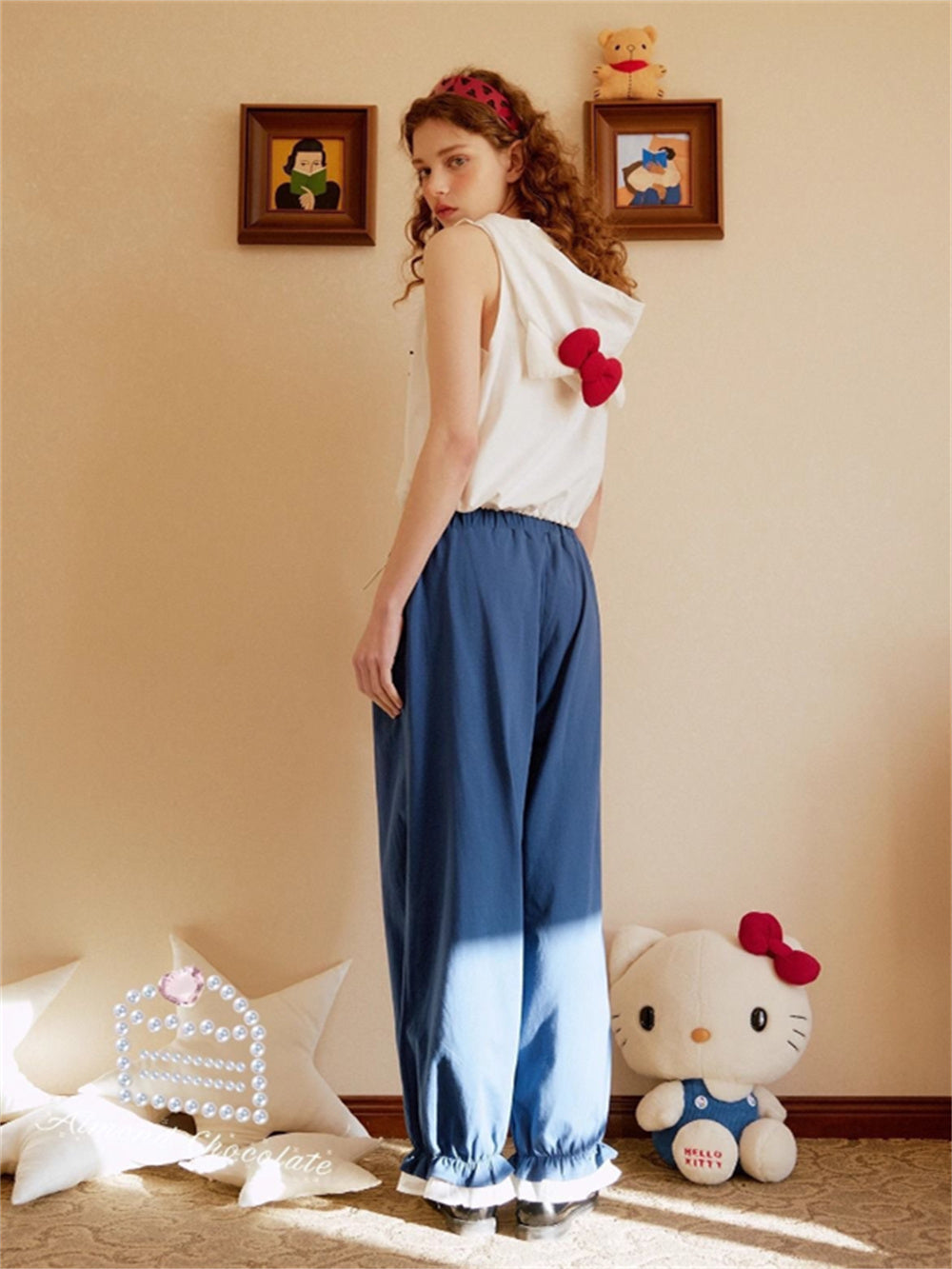 Hello Kitty 3D Bow Hooded Crop Top & Loose Pajama Pants Set | Cozy Cotton Two-Piece Loungewear