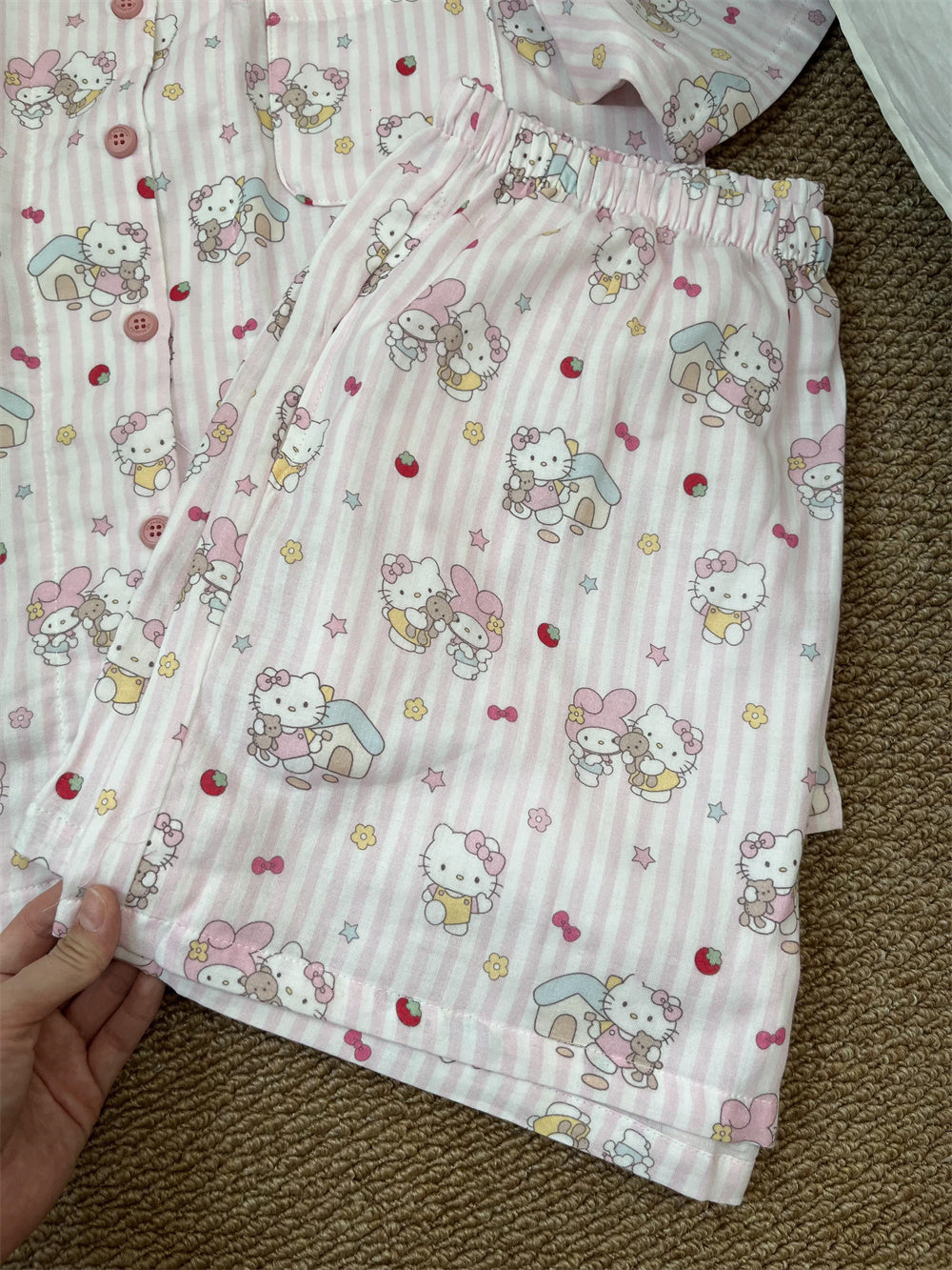 Hello Kitty & My Melody Cute Pink Striped Cotton Loungewear Set