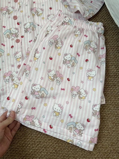 Hello Kitty & My Melody Cute Pink Striped Cotton Loungewear Set