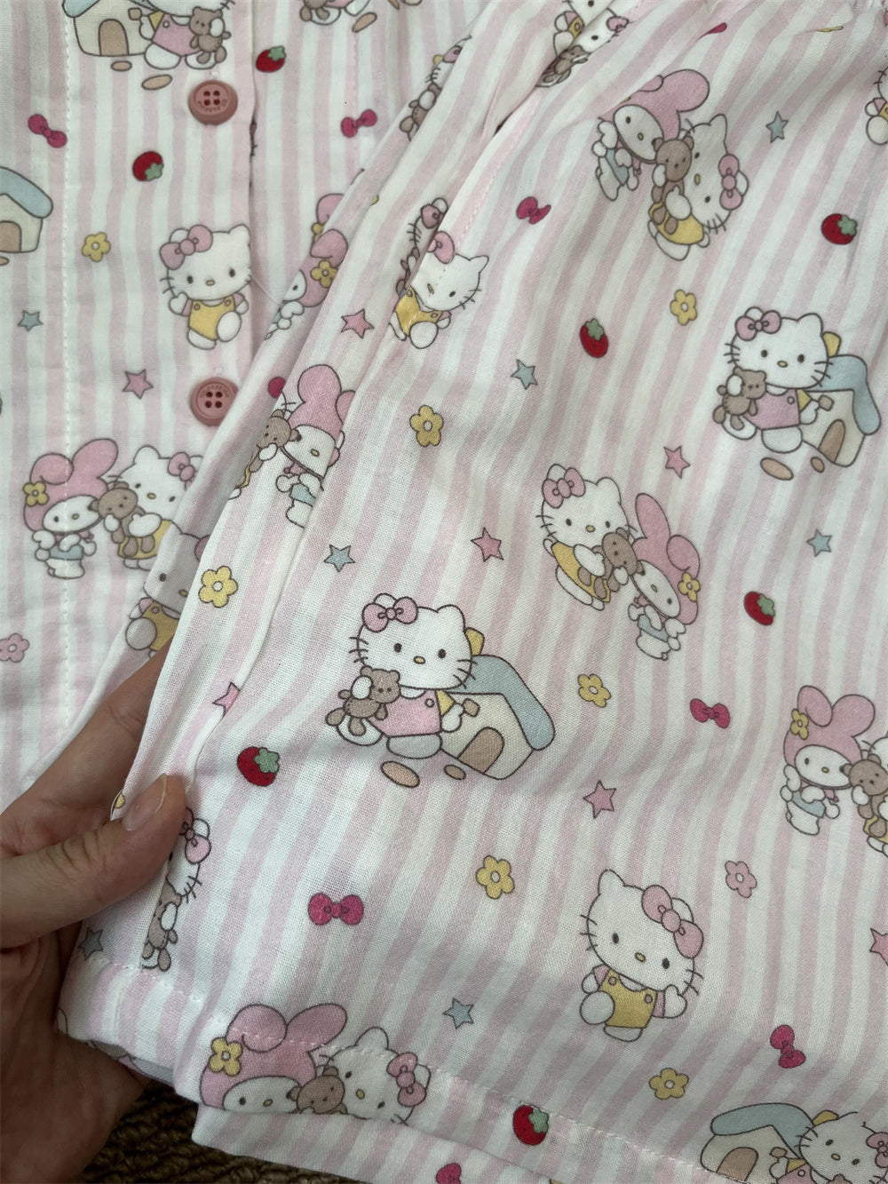 Hello Kitty & My Melody Cute Pink Striped Cotton Loungewear Set