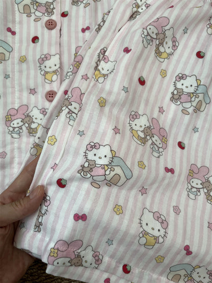 Hello Kitty & My Melody Cute Pink Striped Cotton Loungewear Set