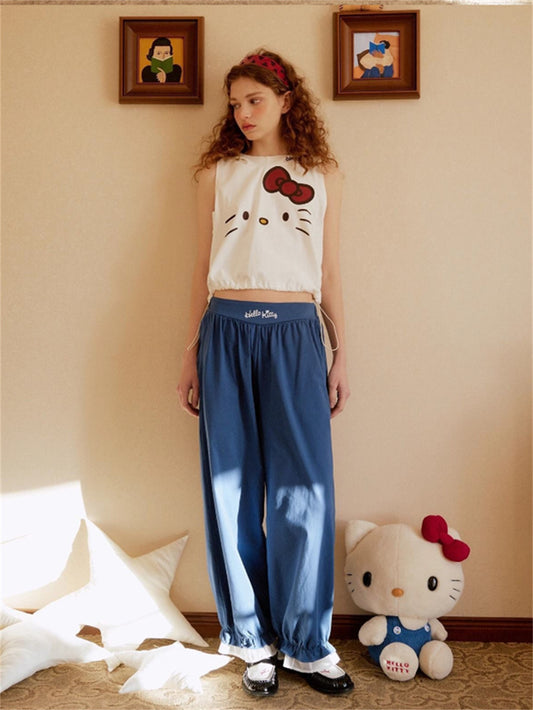 Hello Kitty 3D Bow Hooded Crop Top & Loose Pajama Pants Set | Cozy Cotton Two-Piece Loungewear