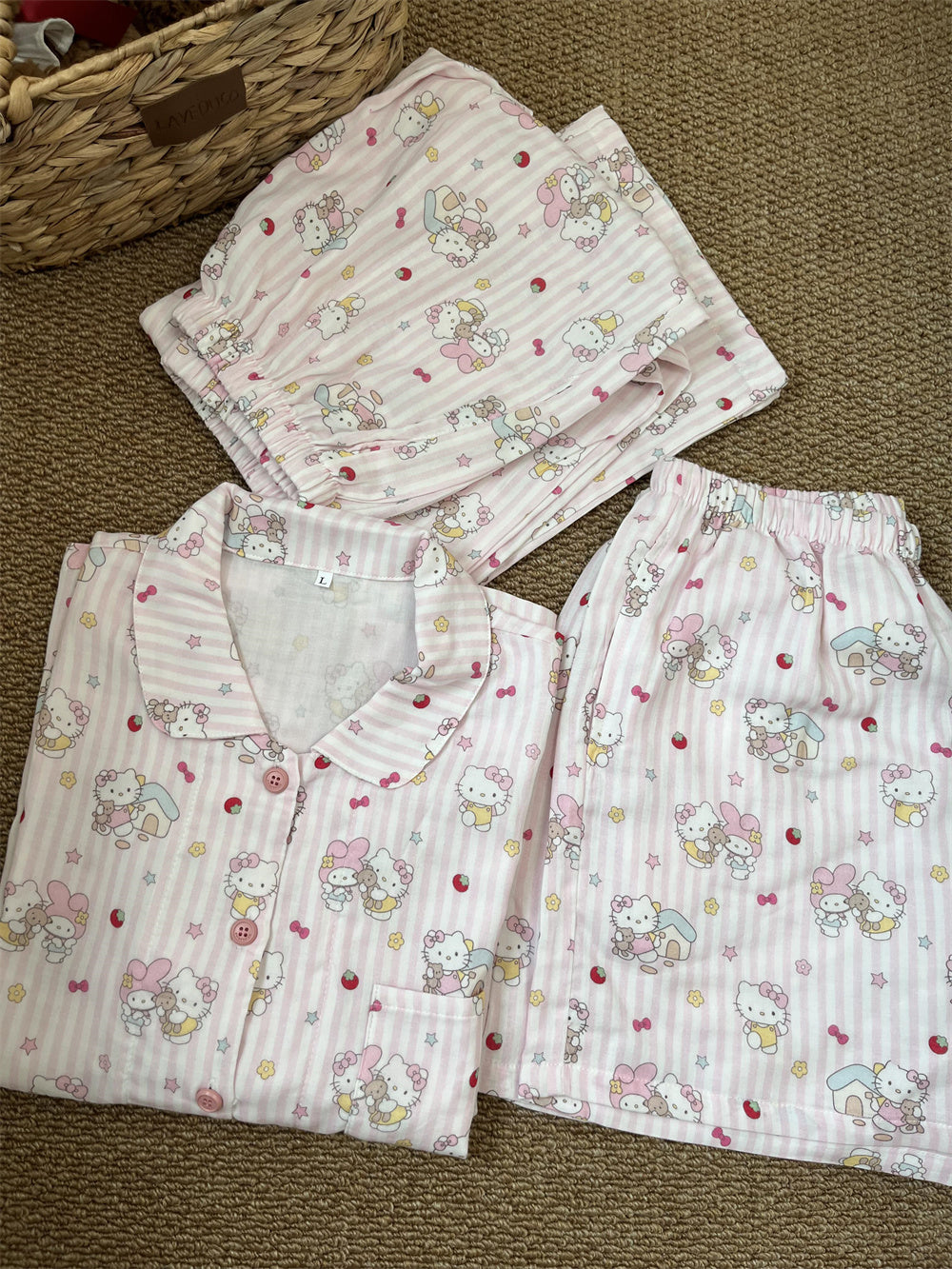 Hello Kitty & My Melody Cute Pink Striped Cotton Loungewear Set