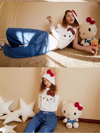 Hello Kitty 3D Bow Hooded Crop Top & Loose Pajama Pants Set | Cozy Cotton Two-Piece Loungewear