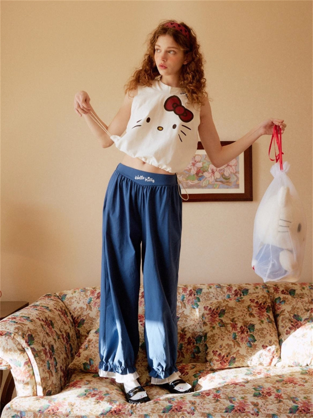 Hello Kitty 3D Bow Hooded Crop Top & Loose Pajama Pants Set | Cozy Cotton Two-Piece Loungewear