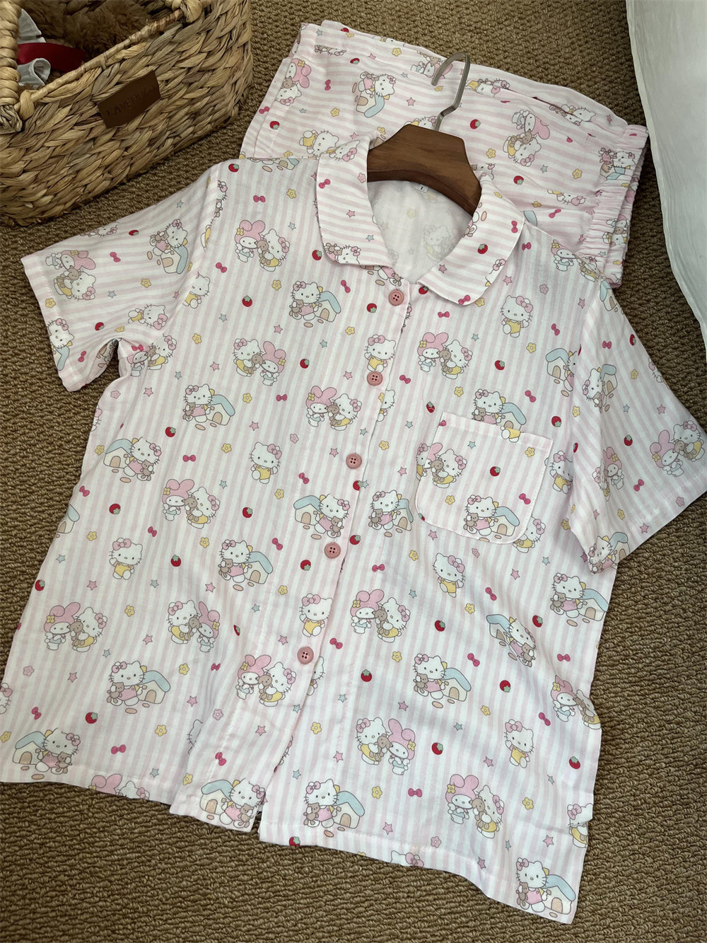 Hello Kitty & My Melody Cute Pink Striped Cotton Loungewear Set