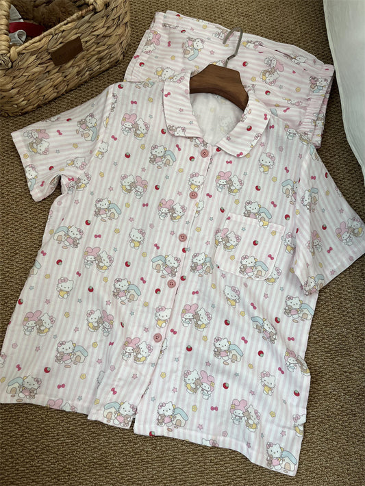 Hello Kitty & My Melody Cute Pink Striped Cotton Loungewear Set