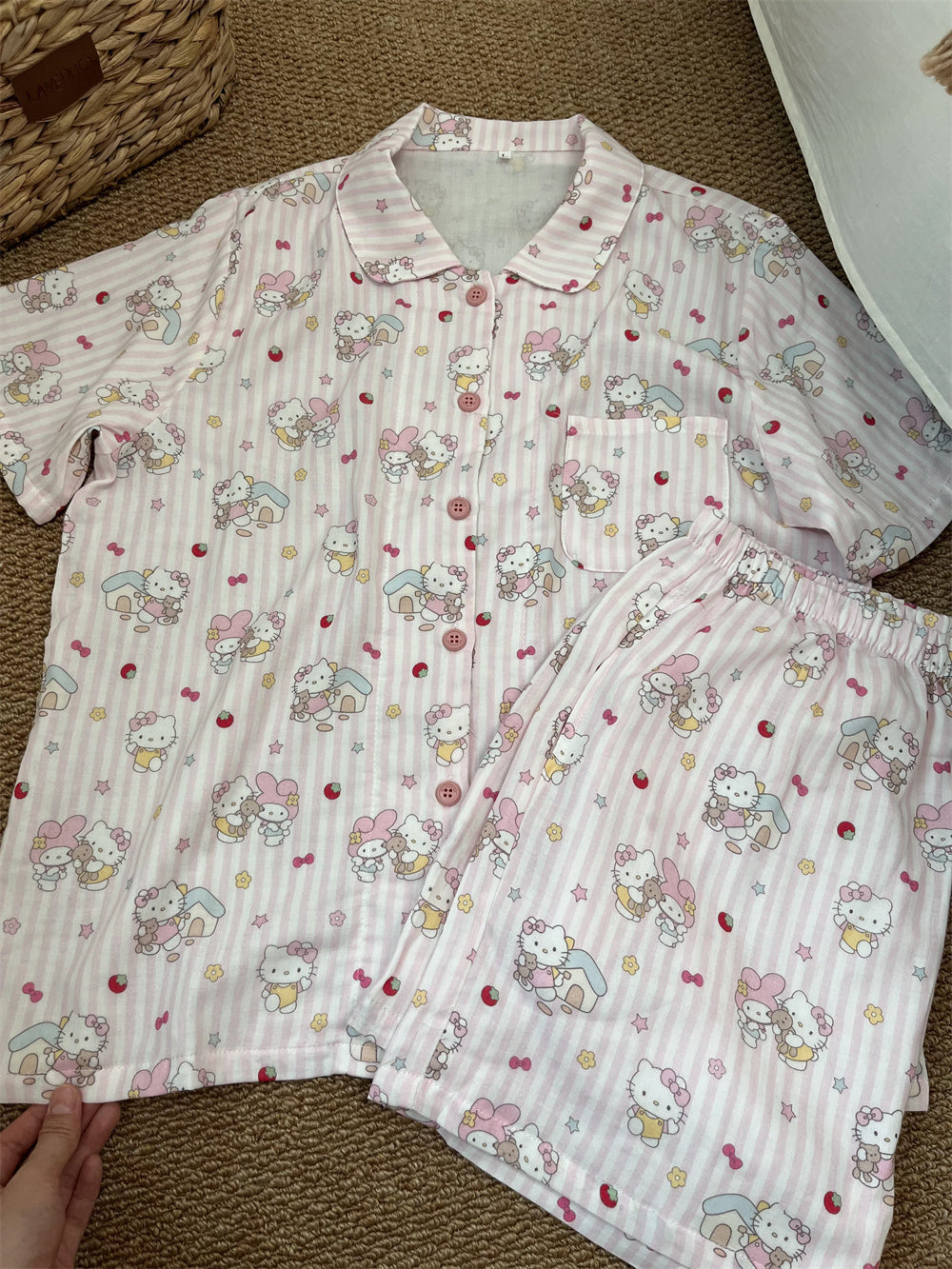 Hello Kitty & My Melody Cute Pink Striped Cotton Loungewear Set