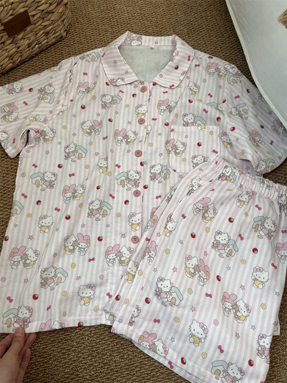 Hello Kitty & My Melody Cute Pink Striped Cotton Loungewear Set