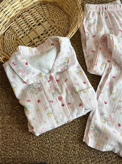 Hello Kitty & My Melody Cute Pink Striped Cotton Loungewear Set