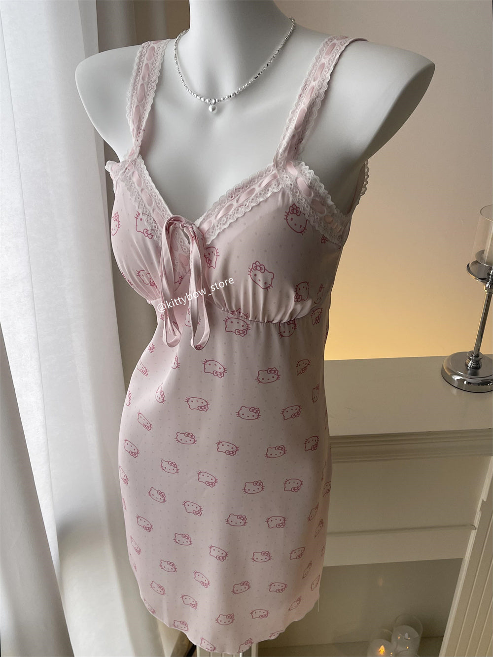 Hellokitty Pink Lace Silk Nightgown for Women Satin Slip Dress Nightdress