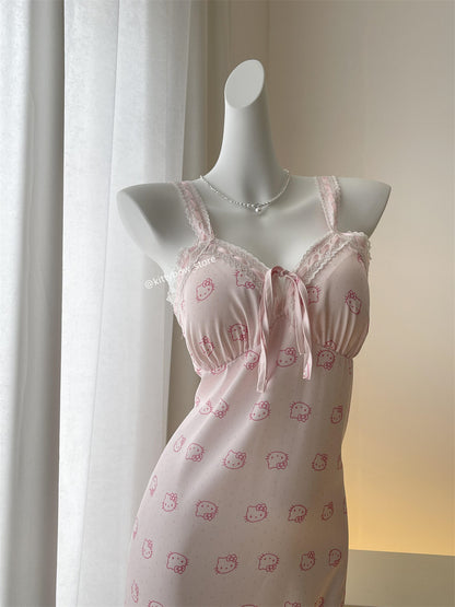 Hellokitty Pink Lace Silk Nightgown for Women Satin Slip Dress Nightdress