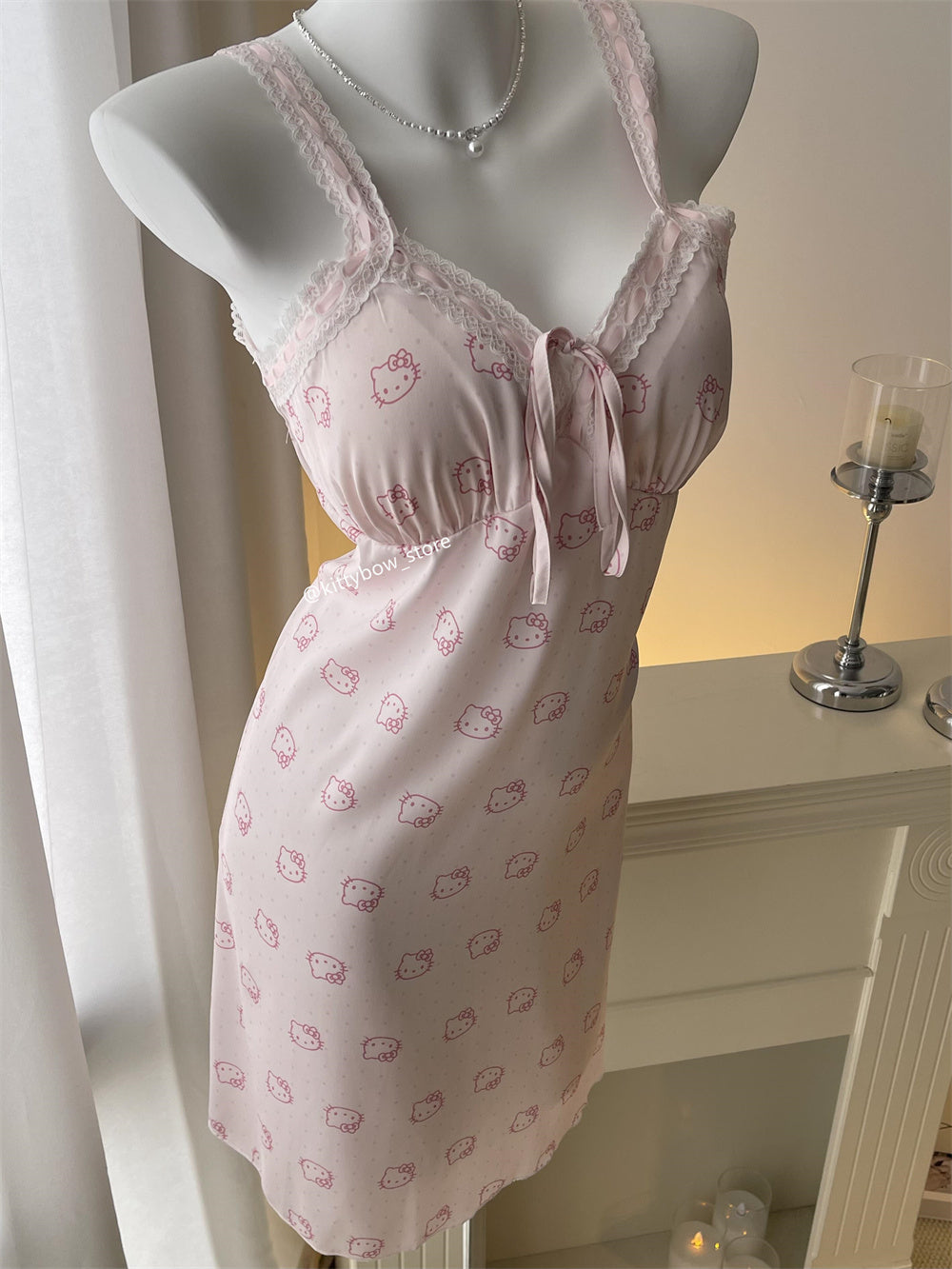 Hellokitty Pink Lace Silk Nightgown for Women Satin Slip Dress Nightdress