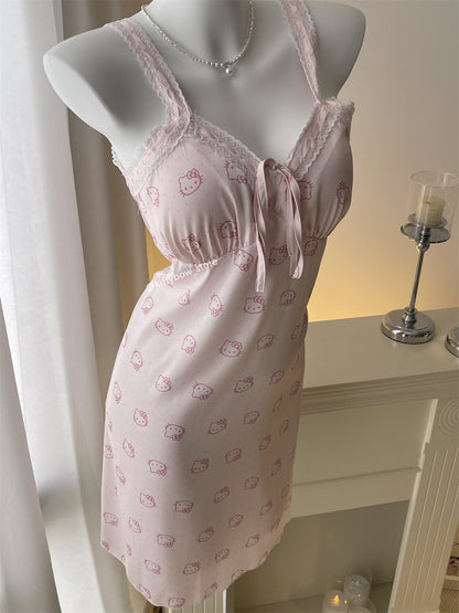 Hellokitty Pink Lace Silk Nightgown for Women Satin Slip Dress Nightdress