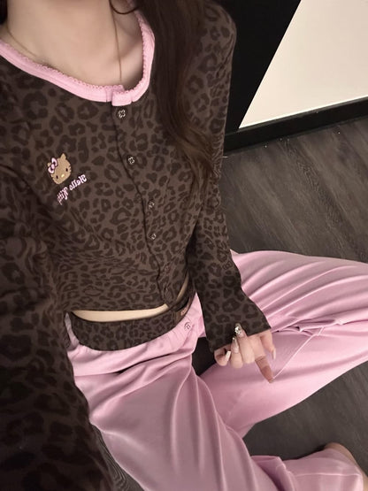 Hellokitty Leopard Print Cotton Cute Short&Long Pajama Set 2 Piece Sleepwear
