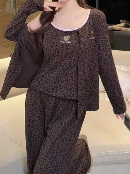 Hellokitty Leopard Print Cotton Cute Short&Long Pajama Set 2 Piece Sleepwear