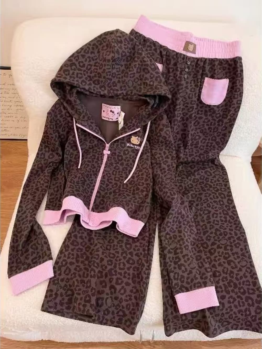 Hellokitty Leopard Print Cotton Cute Short&Long Pajama Set 2 Piece Sleepwear