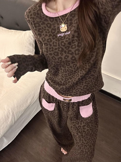Hellokitty Leopard Print Cotton Cute Short&Long Pajama Set 2 Piece Sleepwear