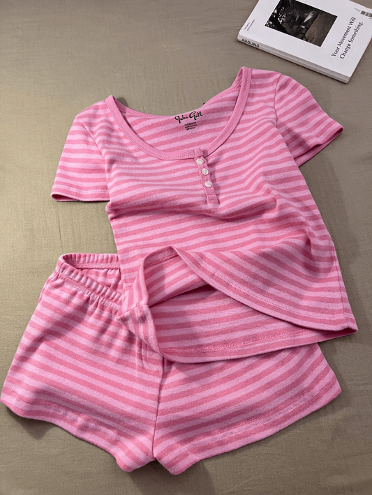 Pink Stripe Cotton Loungewear Set (2 Styles: Cami / Short Sleeve)