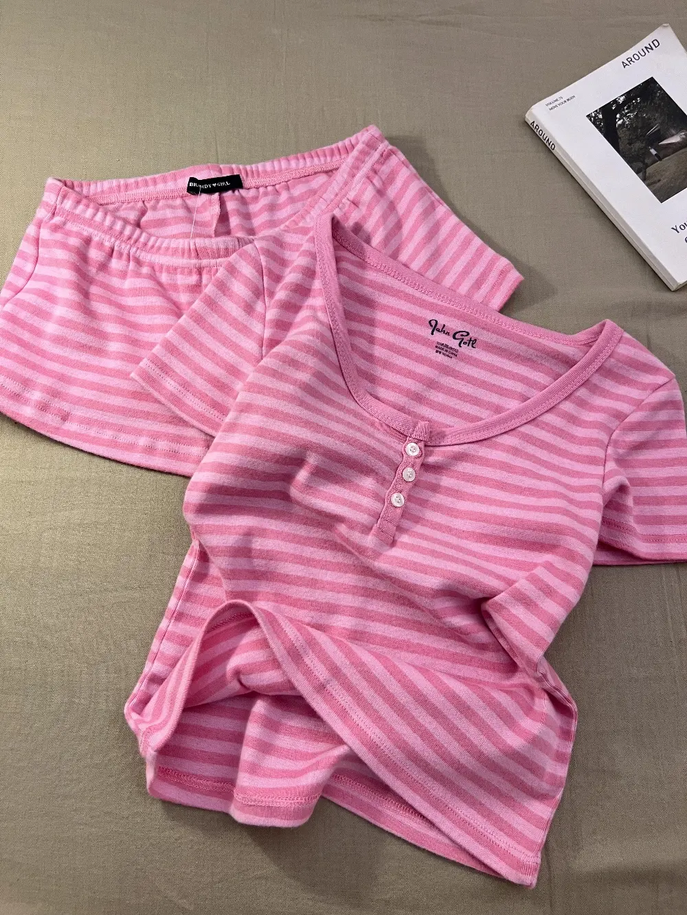 Pink Stripe Cotton Loungewear Set (2 Styles: Cami / Short Sleeve)