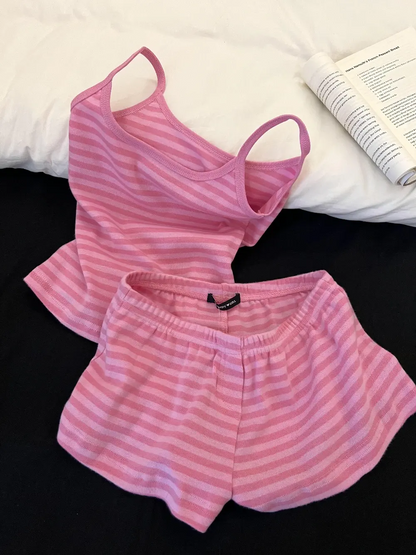 Pink Stripe Cotton Loungewear Set (2 Styles: Cami / Short Sleeve)