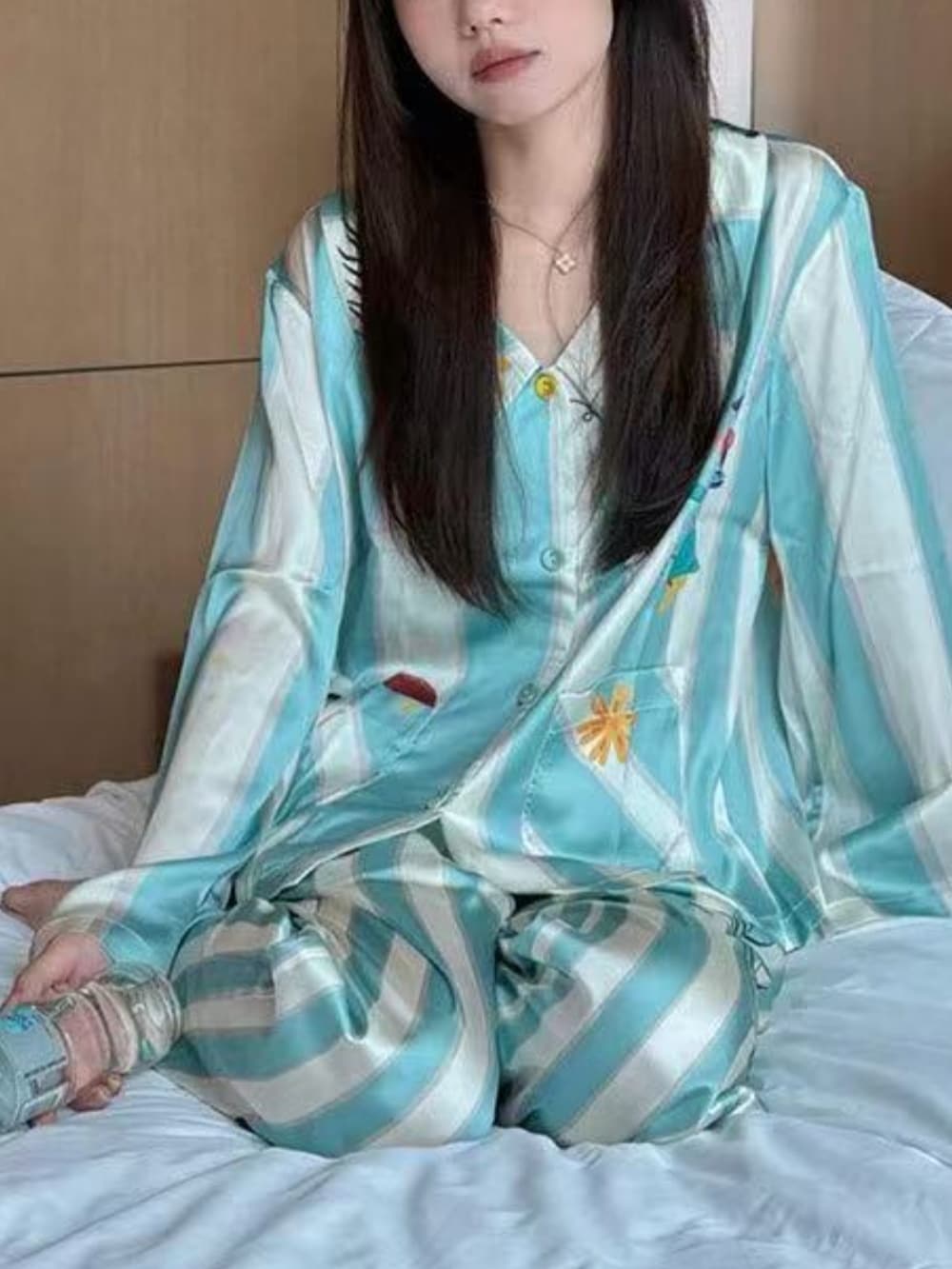 Mint green stripe satin Cartoon Print Pajama Set