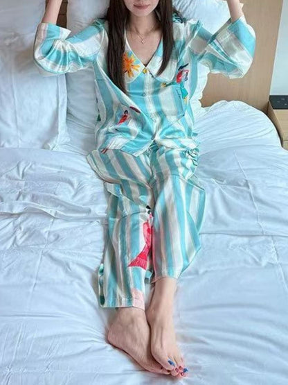 Mint green stripe satin Cartoon Print Pajama Set